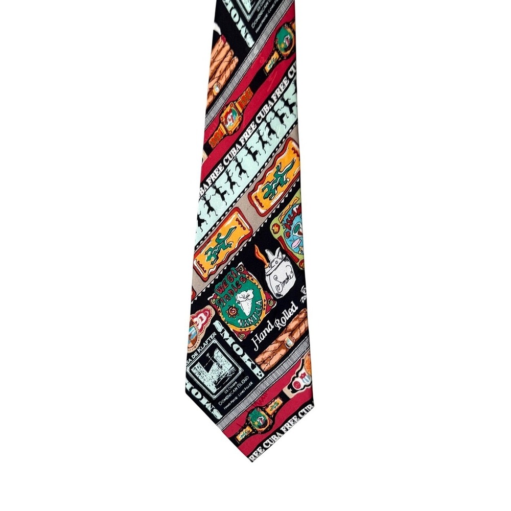 Vintage 1997 Nicole Miller Hand Sewn Silk Tie Cigar Tobacciana Free Cuba Novelty
